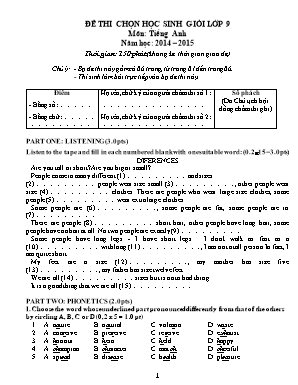 Đề thi học sinh giỏi môn Tiếng Anh Lớp 9 - Năm học 2014-2015 (Có đáp án)